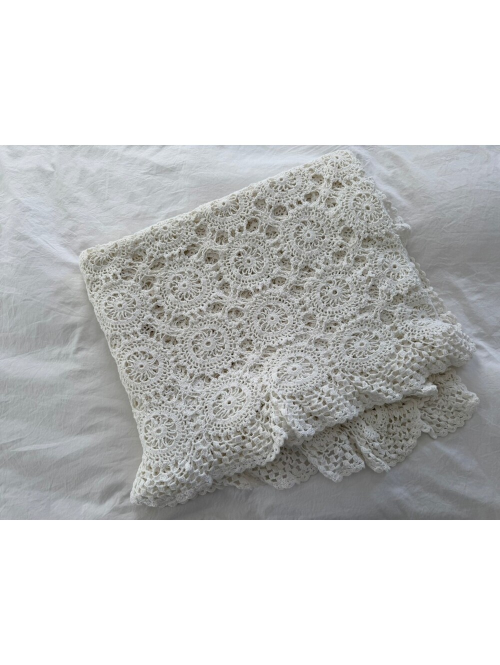Vintage Hand Crocheted Lace Bedspread White Cotton Full Queen Coverlet